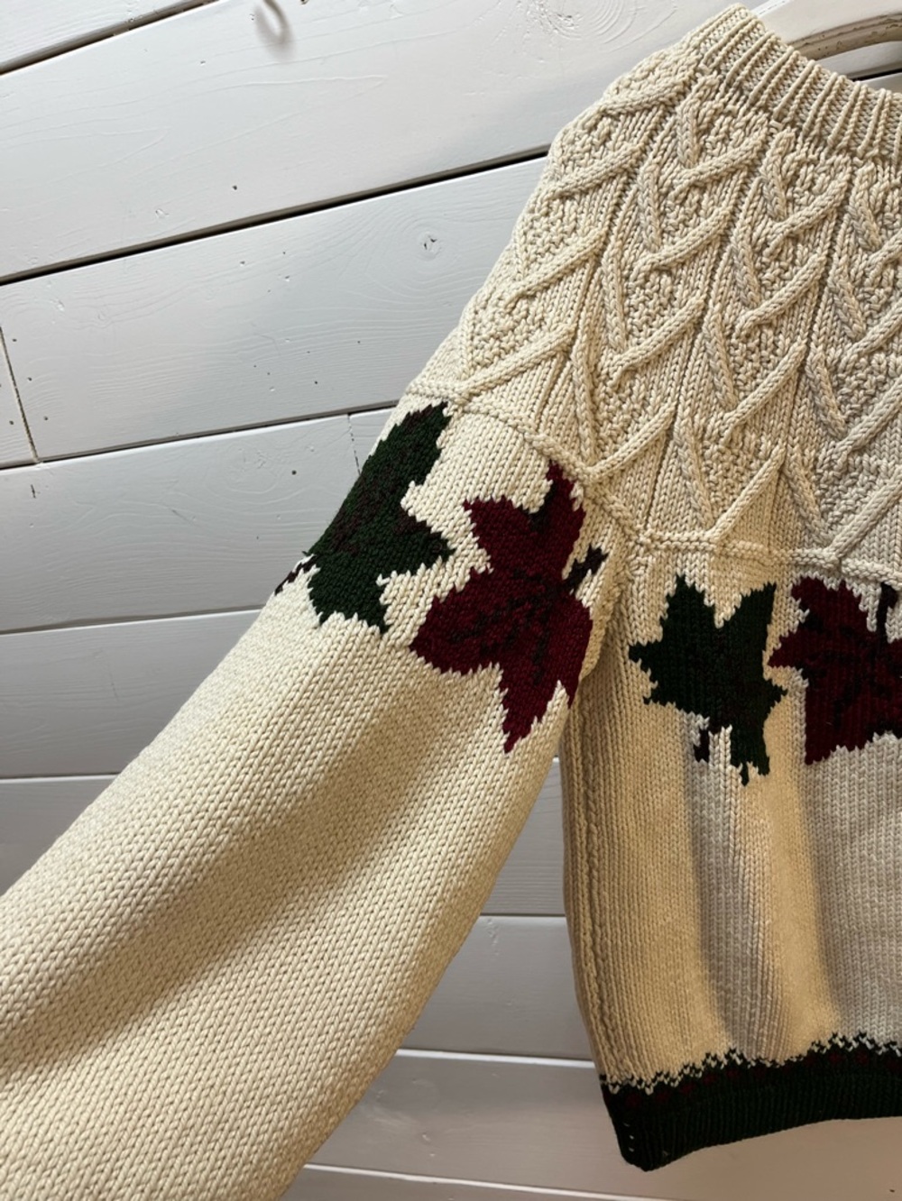HANDMADE Cream Leaf Pattern Knit Sweater L/XL - Picture 3 of 12
